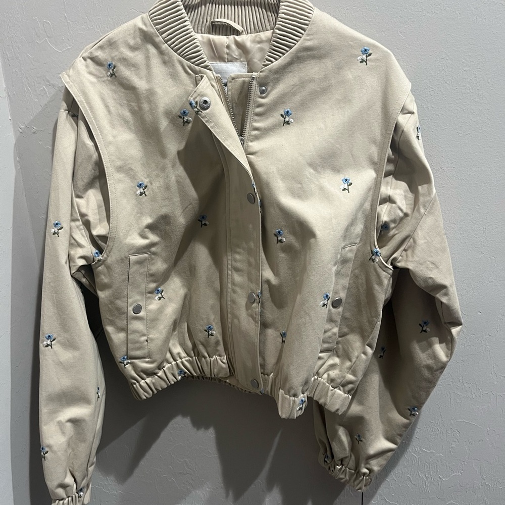 Avec Les Files Anthropologie Beige Bomber Jacket with Blue Floral Embroidery